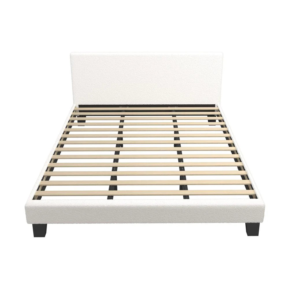 Teddy Soft Boucle Fabric White Bed | Modern Cushioned Touch White Upholstered Boucle Bed Frame