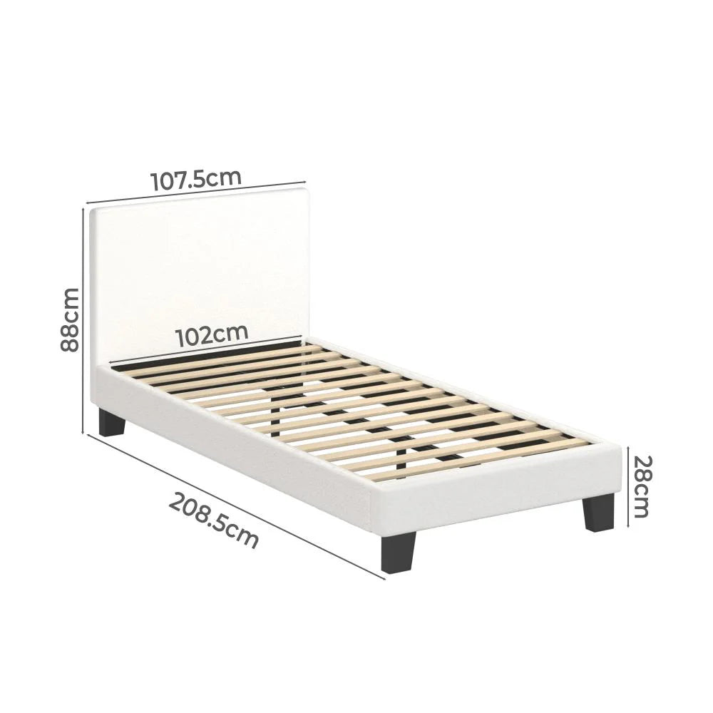 Teddy Soft Boucle Fabric White Bed | Modern Cushioned Touch White Upholstered Boucle Bed Frame