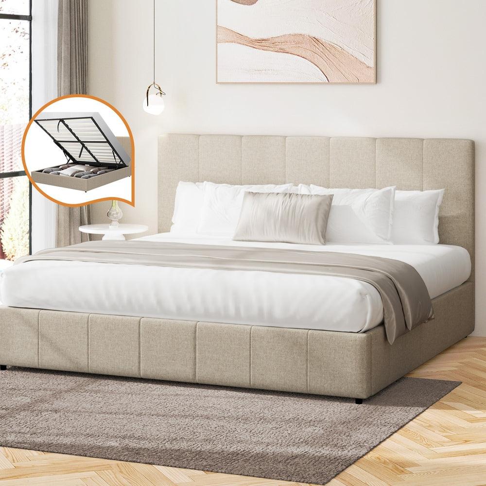 Premium Milano Beige Soft Fabric Gas Lift Storage Bed | Two In One Bed and Storage Combo Bed Frame