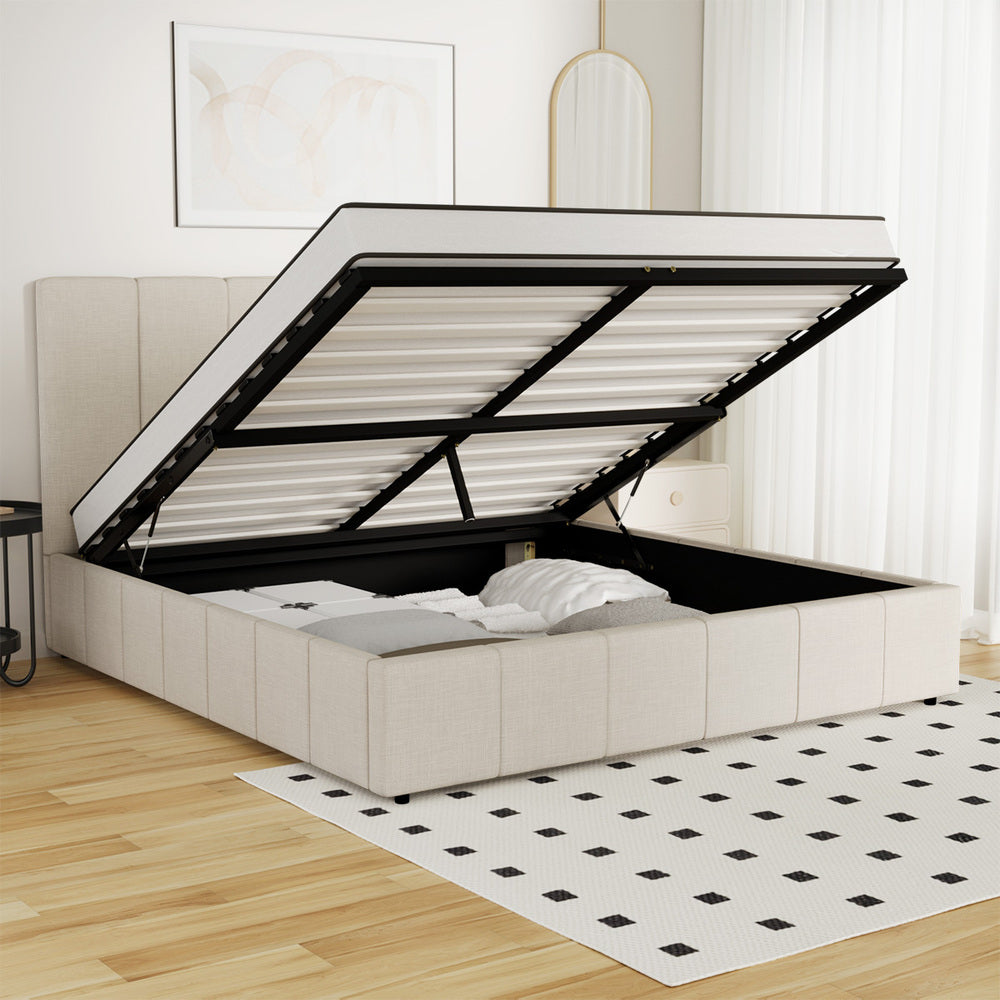Premium Milano Beige Soft Fabric Gas Lift Storage Bed | Two In One Bed and Storage Combo Bed Frame