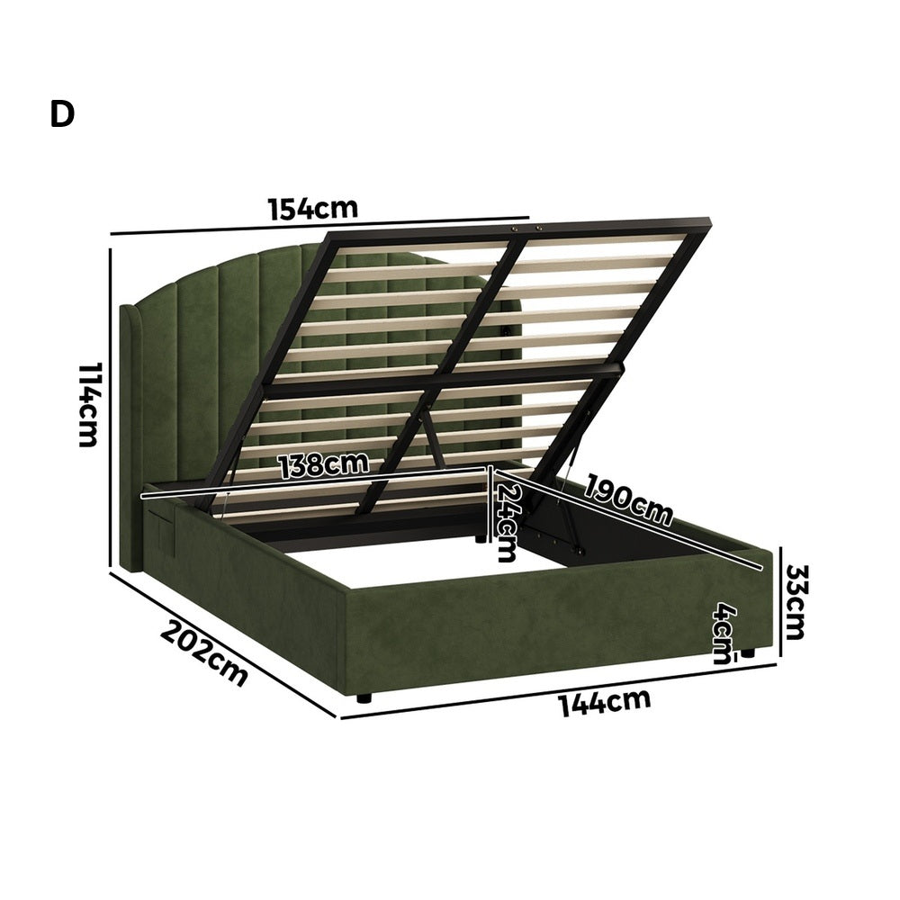 Allure Premium Soft Velvet Green Gas Lift Storage Bed | Bed and Storage Combo with USB Charging Built In