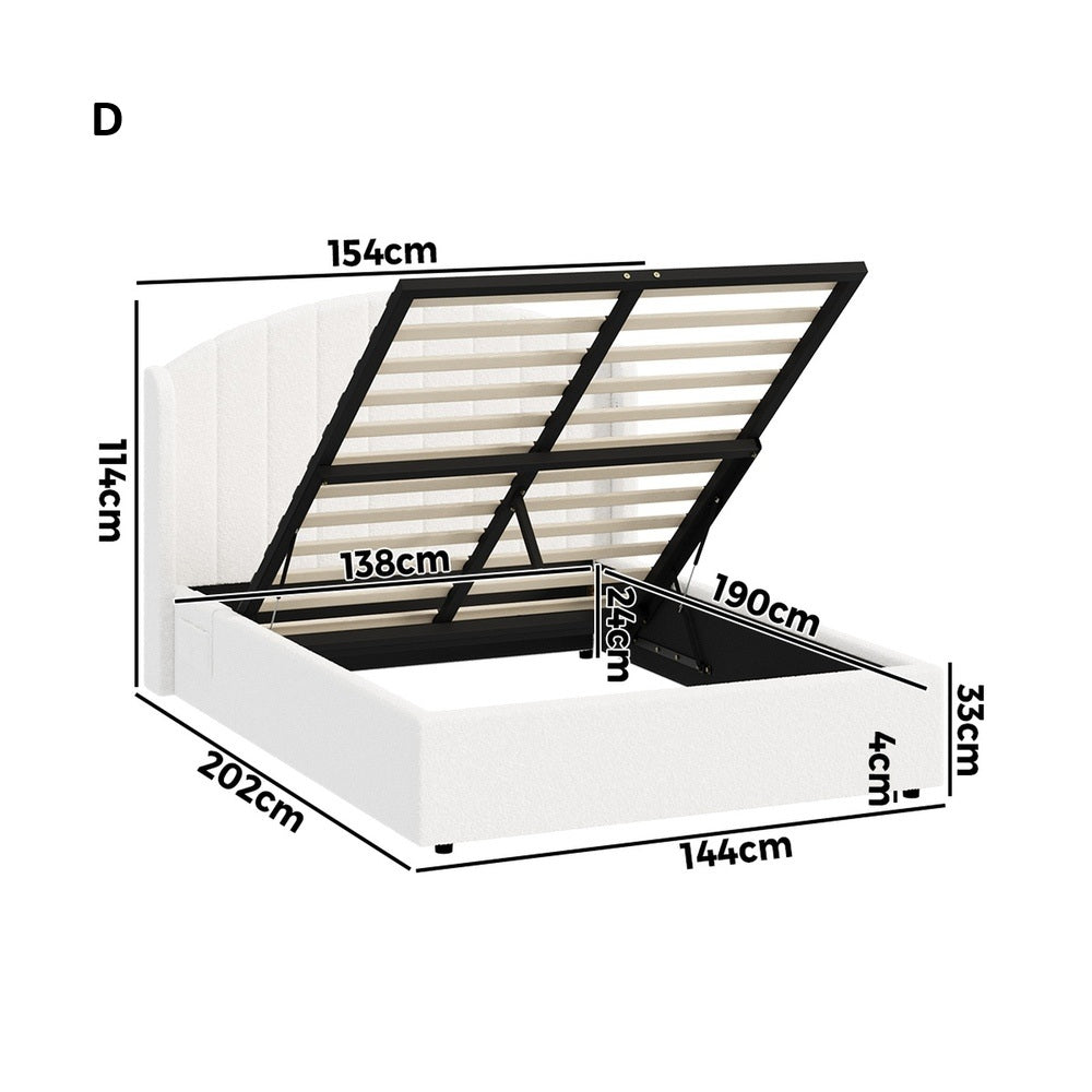 Allure Teddy Boucle Premium Gas Lift Storage Bed |White Bed and Storage Combo with USB Charging Built In