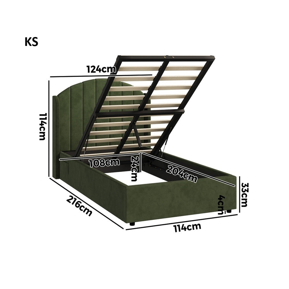 Allure Premium Soft Velvet Green Gas Lift Storage Bed | Bed and Storage Combo with USB Charging Built In