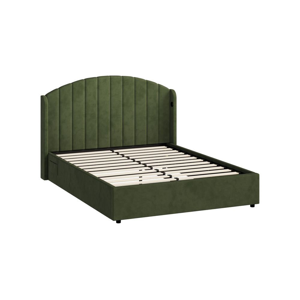 Allure Premium Soft Velvet Green Gas Lift Storage Bed | Bed and Storage Combo with USB Charging Built In