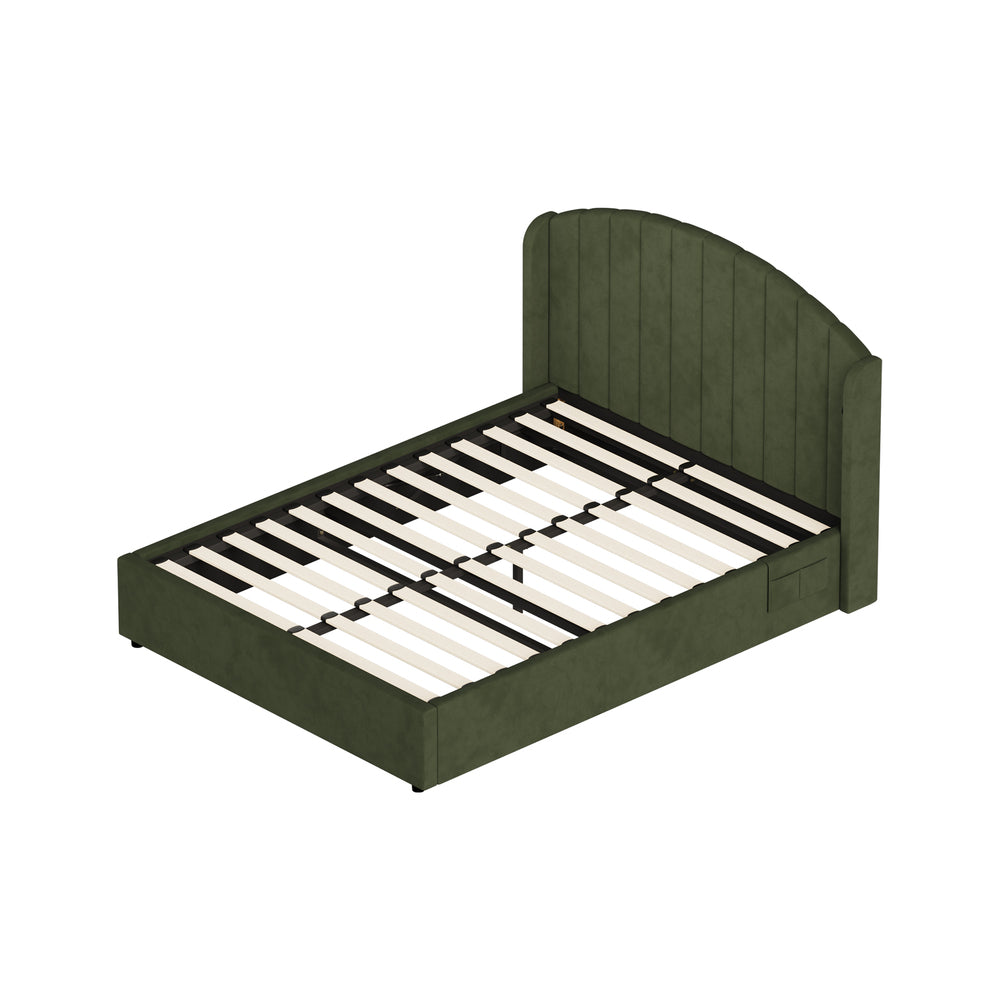 Allure Premium Soft Velvet Green Gas Lift Storage Bed | Bed and Storage Combo with USB Charging Built In