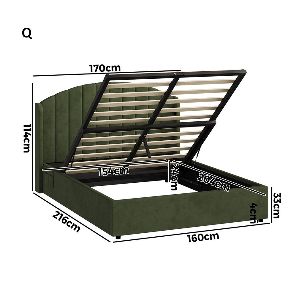 Allure Premium Soft Velvet Green Gas Lift Storage Bed | Bed and Storage Combo with USB Charging Built In