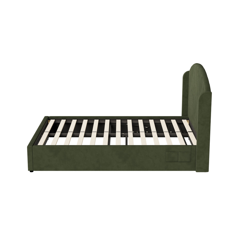 Allure Premium Soft Velvet Green Gas Lift Storage Bed | Bed and Storage Combo with USB Charging Built In