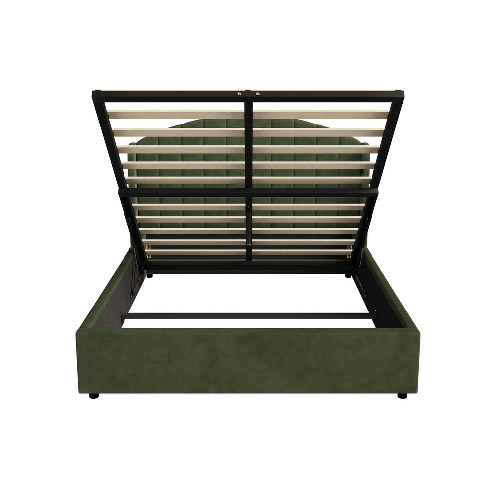 Allure Premium Soft Velvet Green Gas Lift Storage Bed | Bed and Storage Combo with USB Charging Built In