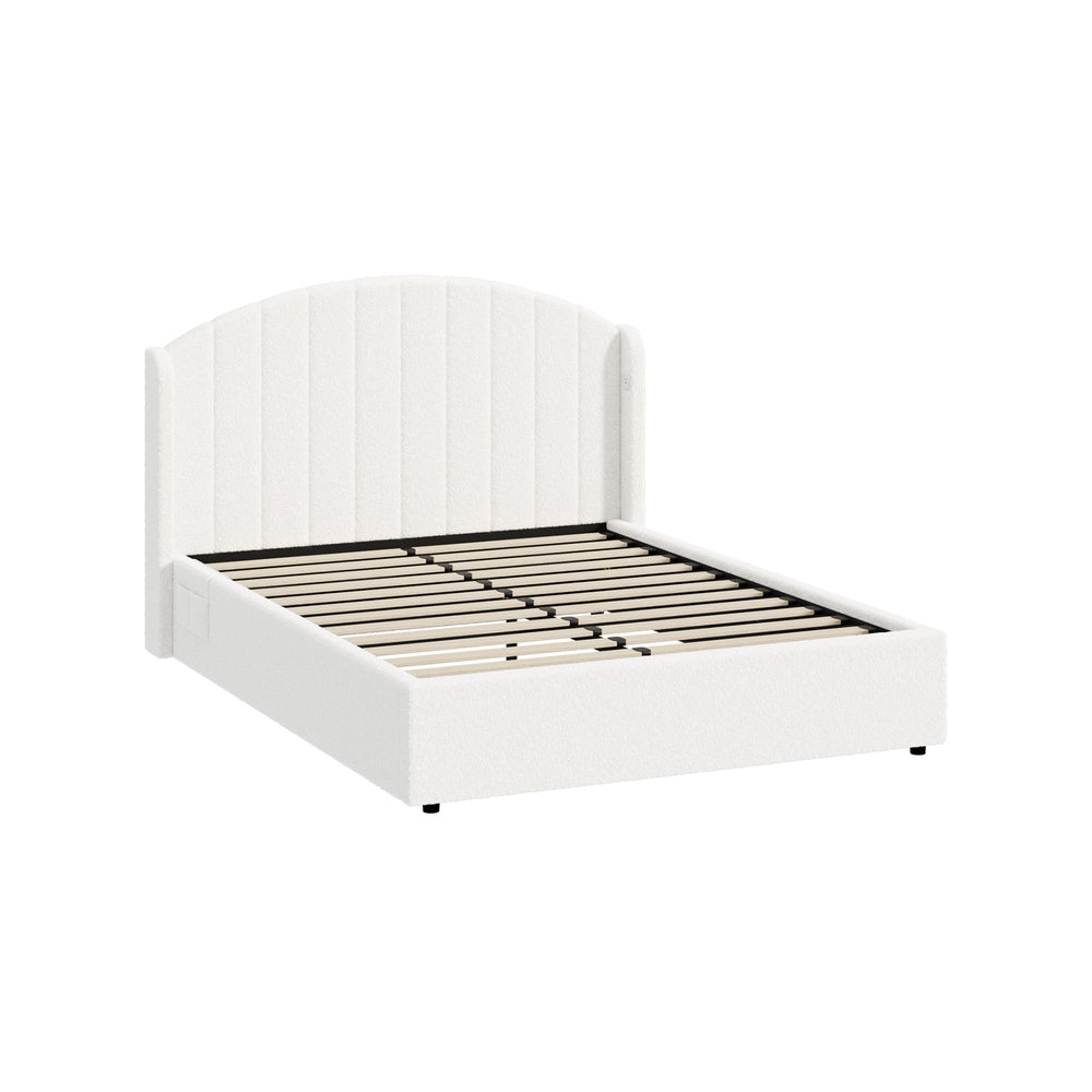 Allure Teddy Boucle Premium Gas Lift Storage Bed |White Bed and Storage Combo with USB Charging Built In