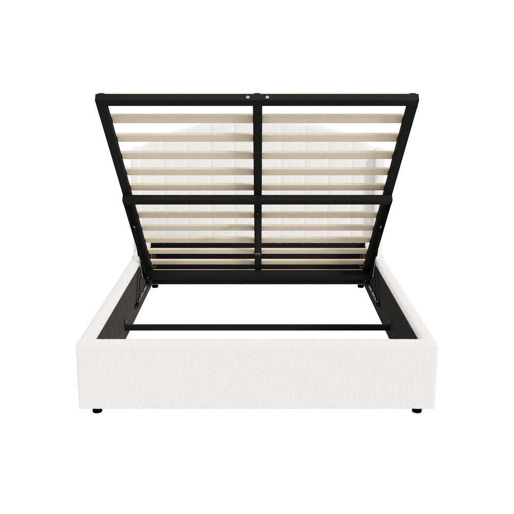 Allure Teddy Boucle Premium Gas Lift Storage Bed |White Bed and Storage Combo with USB Charging Built In
