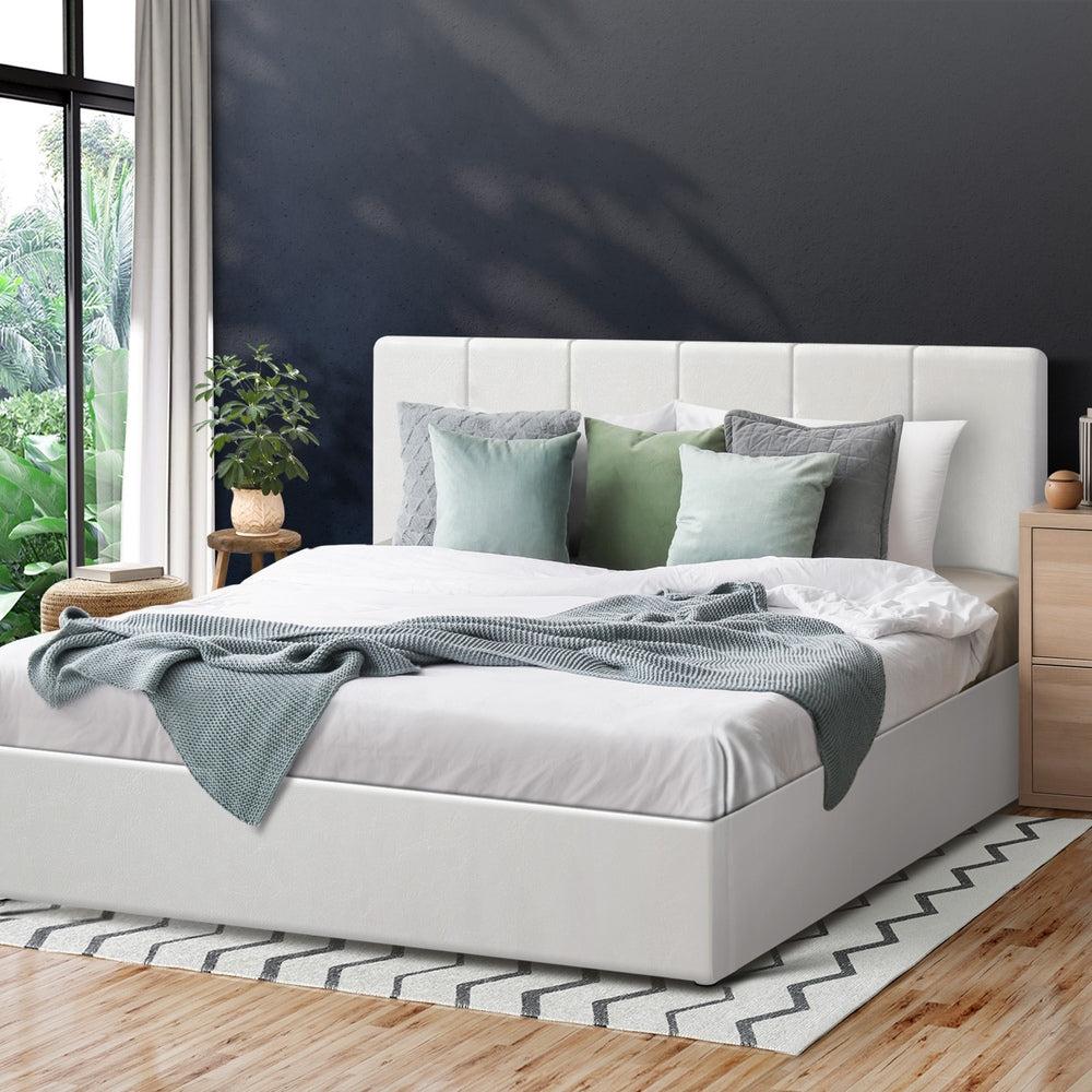 Premium Allure White PU Leather Gas Lift Storage Bed | Two In One Bed and Storage Combo Modern Design