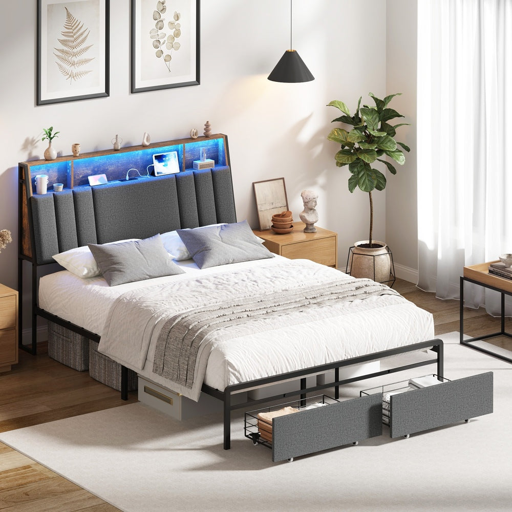 Coogee LED Storage Bed with USB Charging | Premium Grey Fabric LED Lights Bed Metal Frame Front Draws
