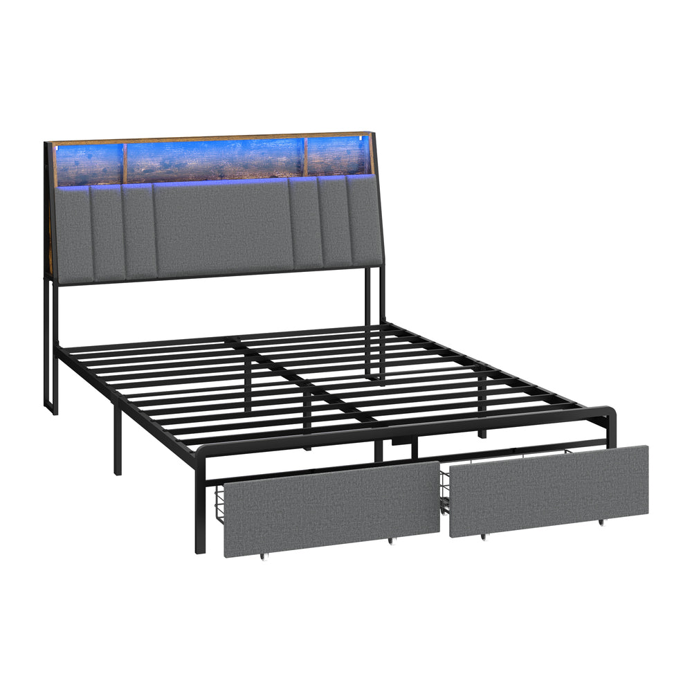 Coogee LED Storage Bed with USB Charging | Premium Grey Fabric LED Lights Bed Metal Frame Front Draws