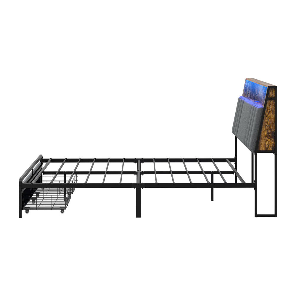 Coogee LED Storage Bed with USB Charging | Premium Grey Fabric LED Lights Bed Metal Frame Front Draws