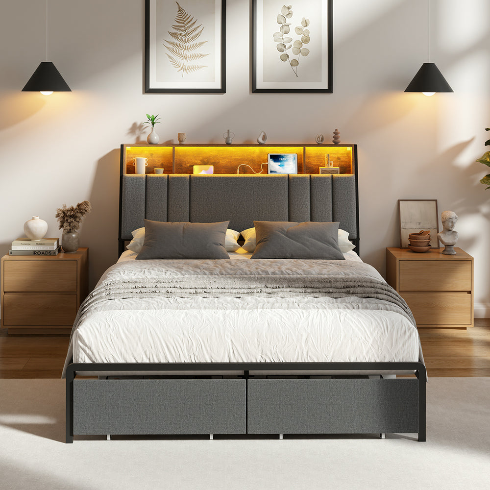 Coogee LED Storage Bed with USB Charging | Premium Grey Fabric LED Lights Bed Metal Frame Front Draws