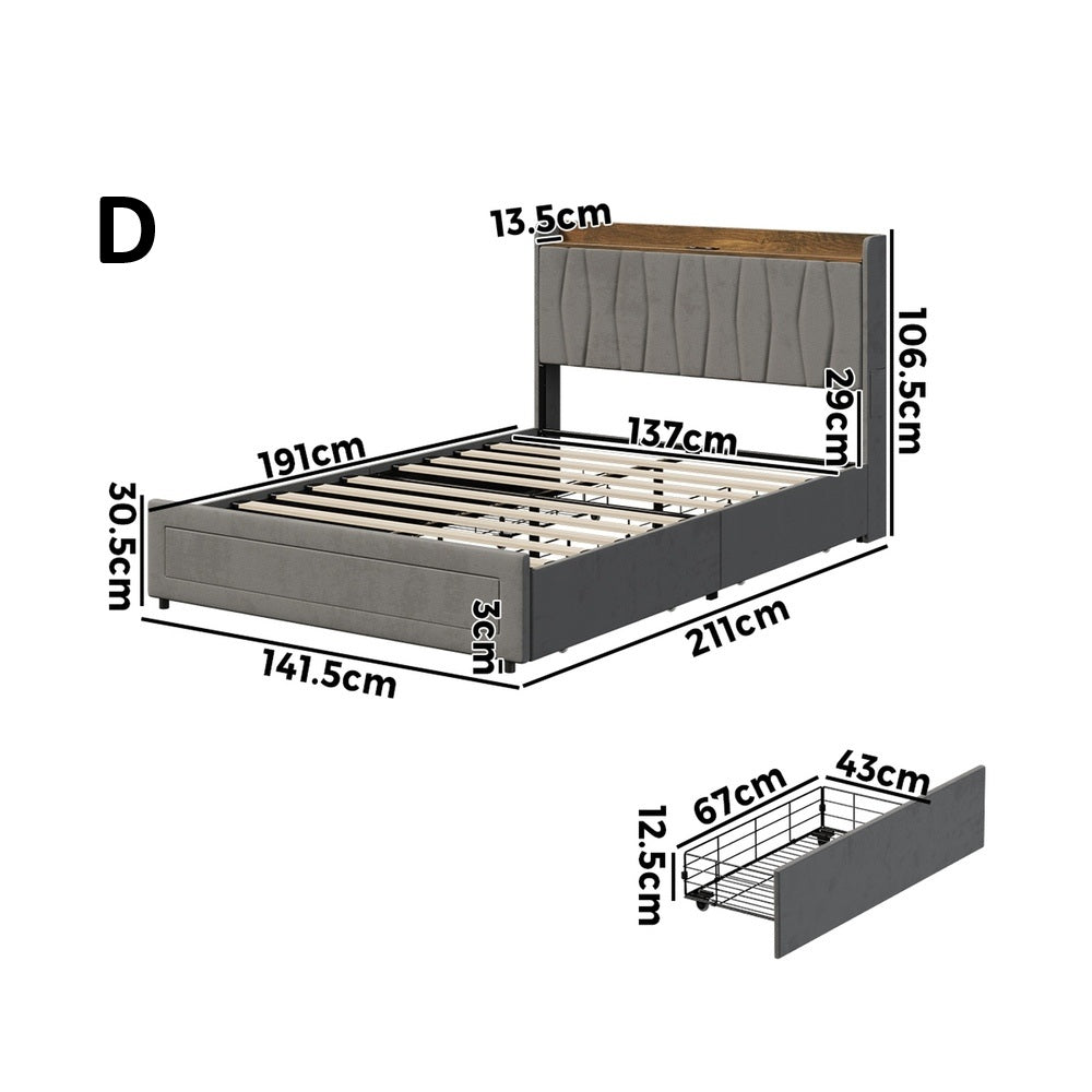 Hudson Grey Velvet Storage Bed with USB Charging | Soft Fabric LED Lights Bed Frame with 4 Draws