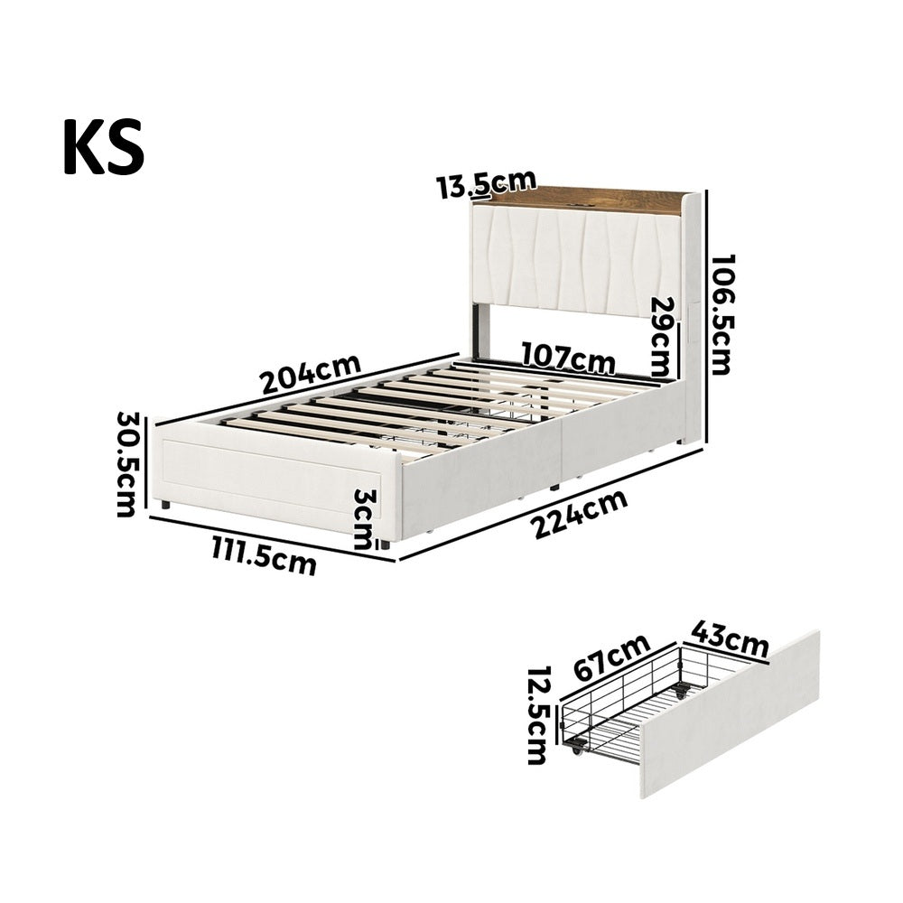 Hudson Beige Velvet Storage Bed with USB Charging | Soft Fabric LED Lights Bed Frame with 4 Draws