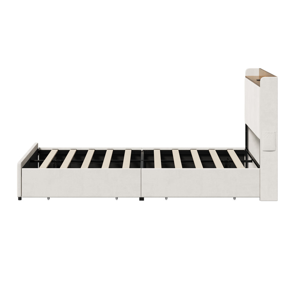 Hudson Beige Velvet Storage Bed with USB Charging | Soft Fabric LED Lights Bed Frame with 4 Draws