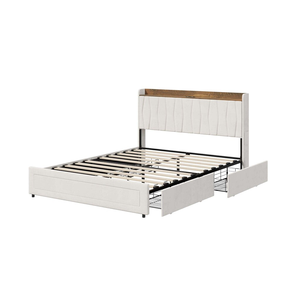 Hudson Beige Velvet Storage Bed with USB Charging | Soft Fabric LED Lights Bed Frame with 4 Draws