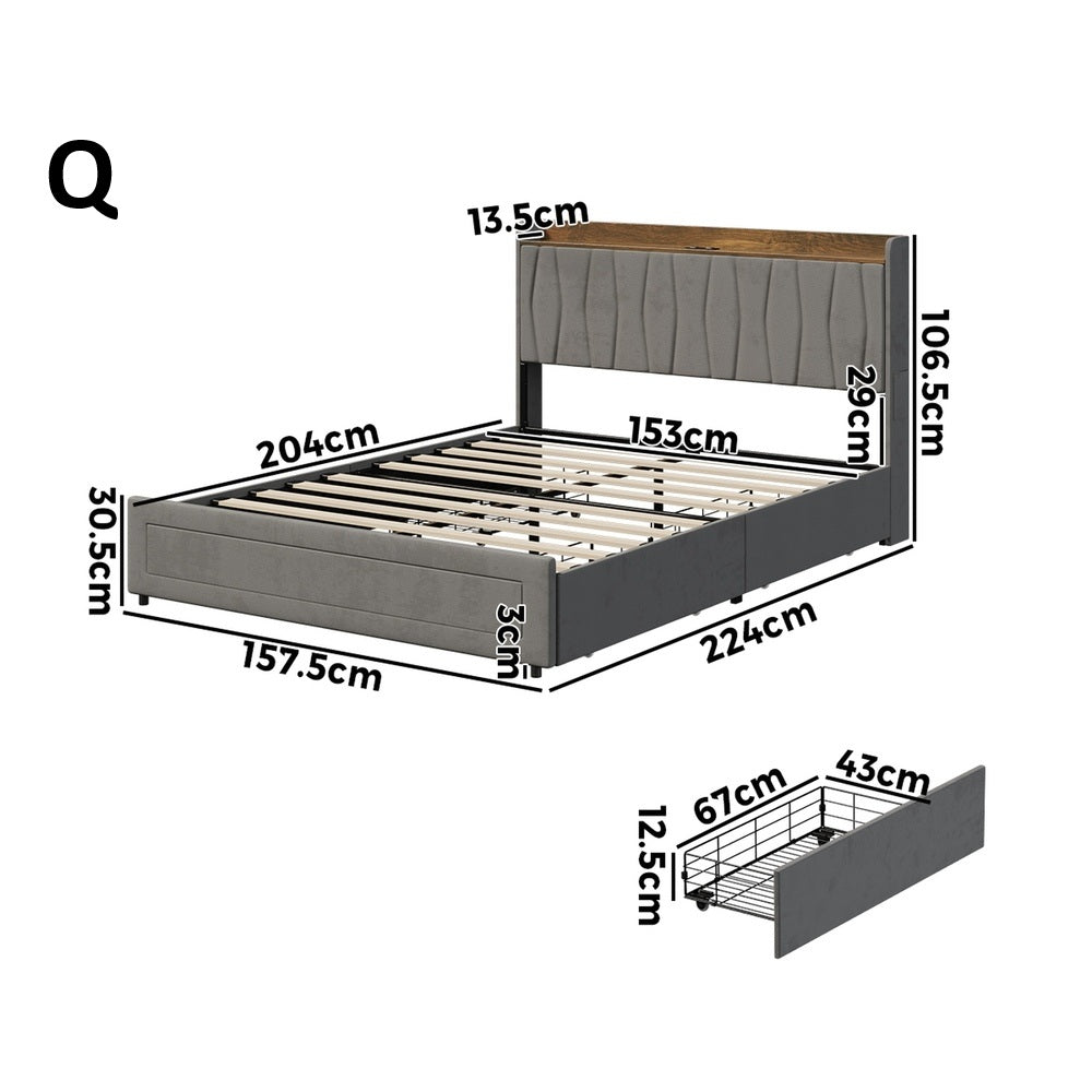 Hudson Grey Velvet Storage Bed with USB Charging | Soft Fabric LED Lights Bed Frame with 4 Draws
