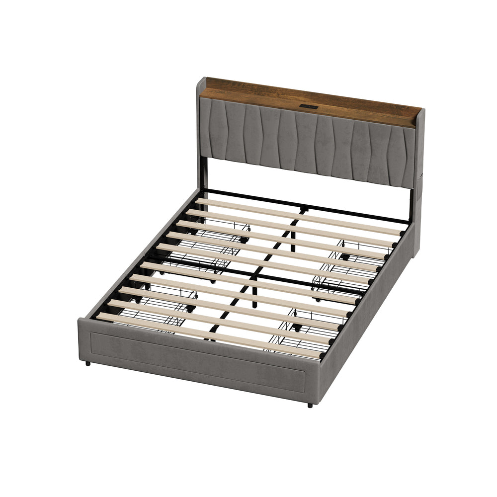 Hudson Grey Velvet Storage Bed with USB Charging | Soft Fabric LED Lights Bed Frame with 4 Draws
