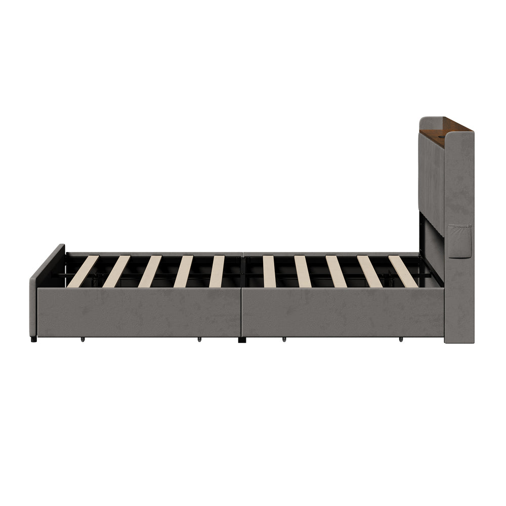 Hudson Grey Velvet Storage Bed with USB Charging | Soft Fabric LED Lights Bed Frame with 4 Draws