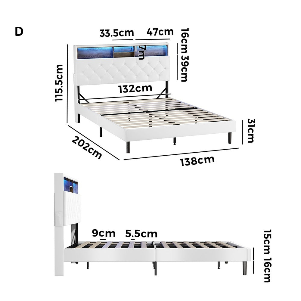 Piazzi LED Tuffted White PU Leather Storage Bed | Modern Super Storage LED Lights Bed Frame