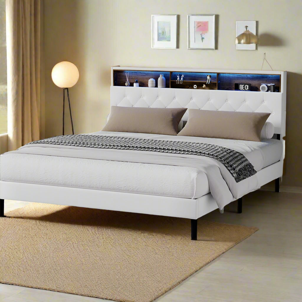 Piazzi LED Tuffted White PU Leather Storage Bed | Modern Super Storage LED Lights Bed Frame