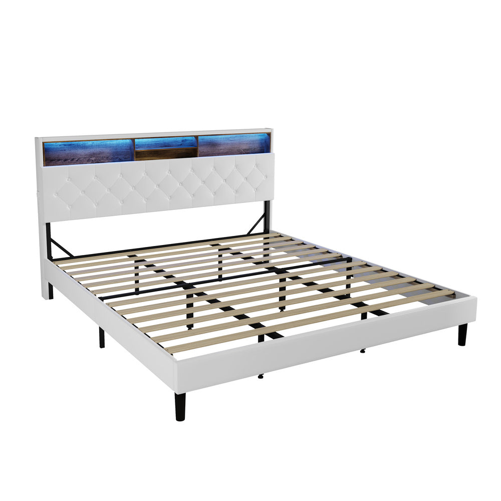 Piazzi LED Tuffted White PU Leather Storage Bed | Modern Super Storage LED Lights Bed Frame