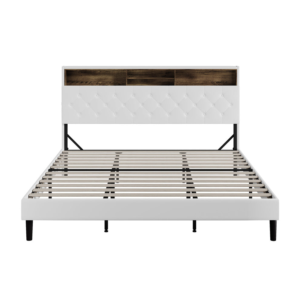 Piazzi LED Tuffted White PU Leather Storage Bed | Modern Super Storage LED Lights Bed Frame