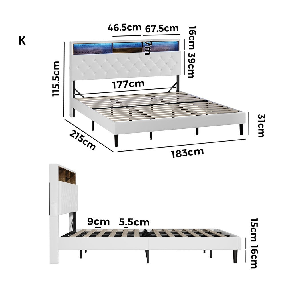 Piazzi LED Tuffted White PU Leather Storage Bed | Modern Super Storage LED Lights Bed Frame