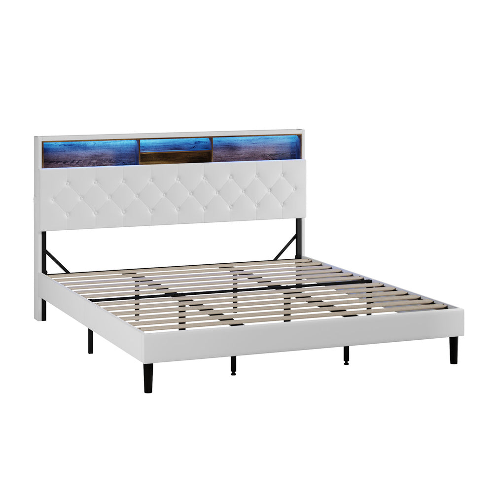 Piazzi LED Tuffted White PU Leather Storage Bed | Modern Super Storage LED Lights Bed Frame