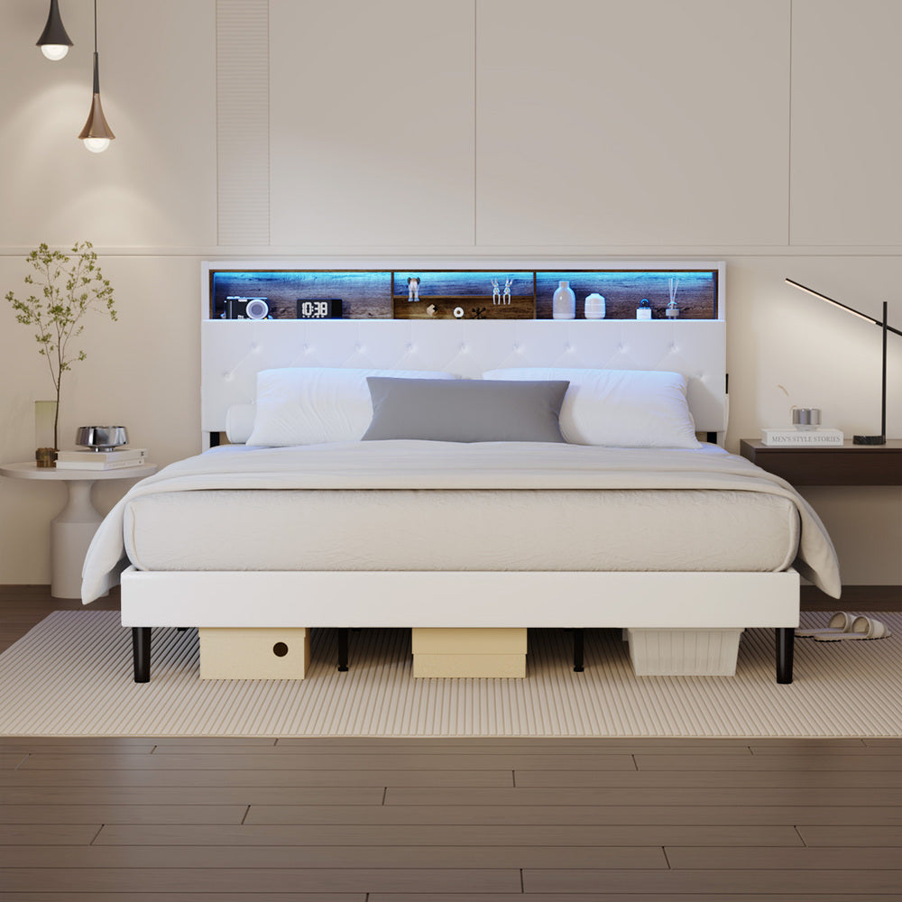 Piazzi LED Tuffted White PU Leather Storage Bed | Modern Super Storage LED Lights Bed Frame