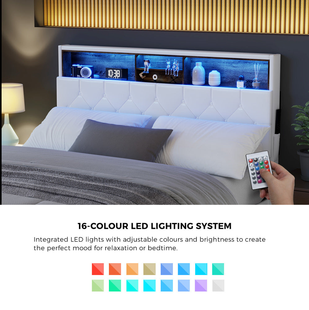 Piazzi LED Tuffted White PU Leather Storage Bed | Modern Super Storage LED Lights Bed Frame