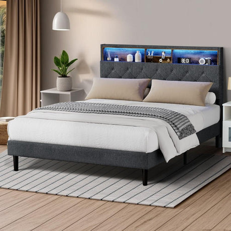 Piazzi LED Tuffted Grey Fabric Storage Bed | Modern Super Storage LED Lights Bed Frame