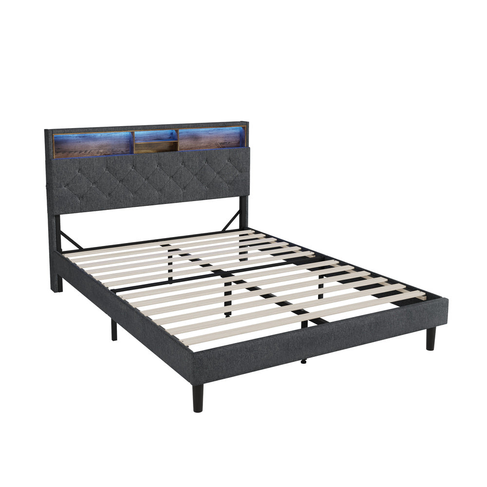 Piazzi LED Tuffted Grey Fabric Storage Bed | Modern Super Storage LED Lights Bed Frame