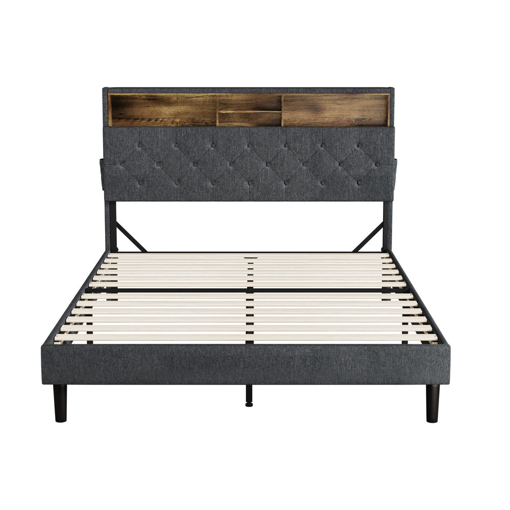 Piazzi LED Tuffted Grey Fabric Storage Bed | Modern Super Storage LED Lights Bed Frame