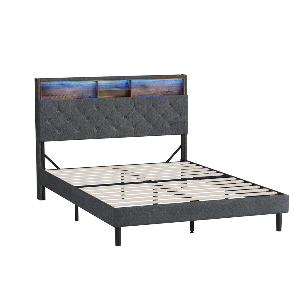 Piazzi LED Tuffted Grey Fabric Storage Bed | Modern Super Storage LED Lights Bed Frame