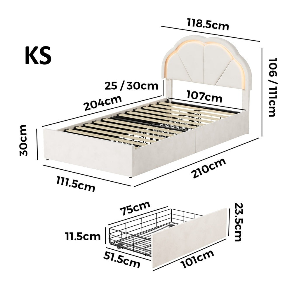 Mermaid Beige Plush Velvet LED Storage Bed | Beautiful Soft Touch LED Headboard 4 Draw Bed Frame