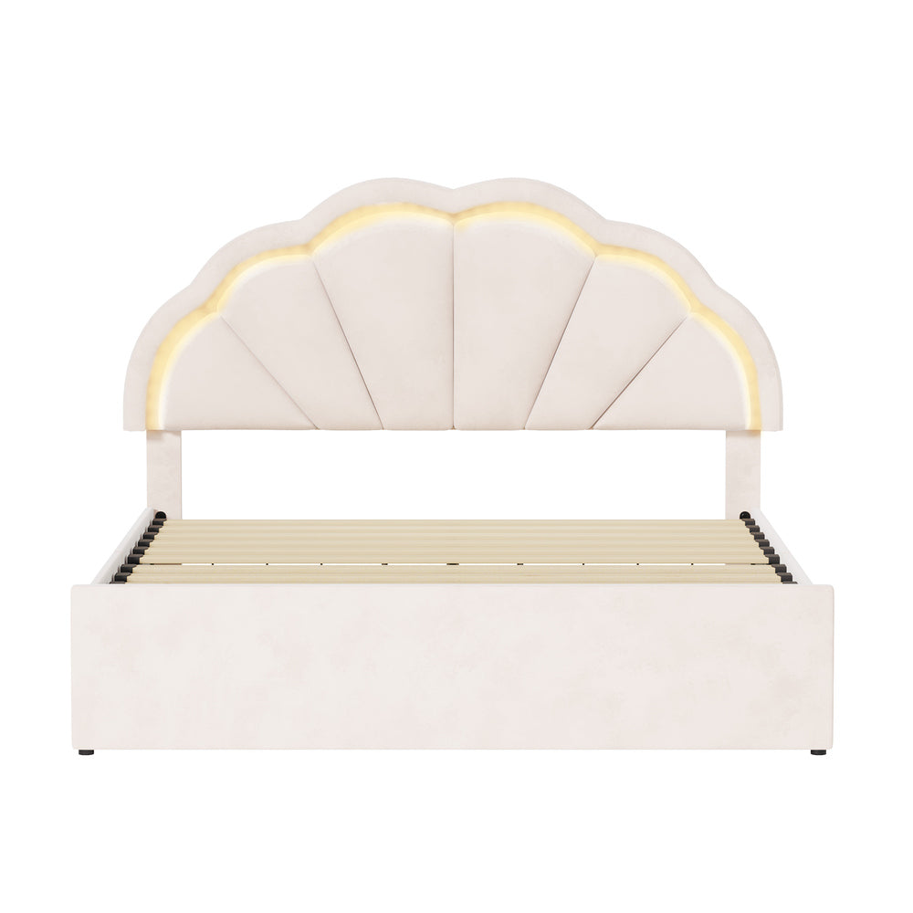 Mermaid Beige Plush Velvet LED Storage Bed | Beautiful Soft Touch LED Headboard 4 Draw Bed Frame