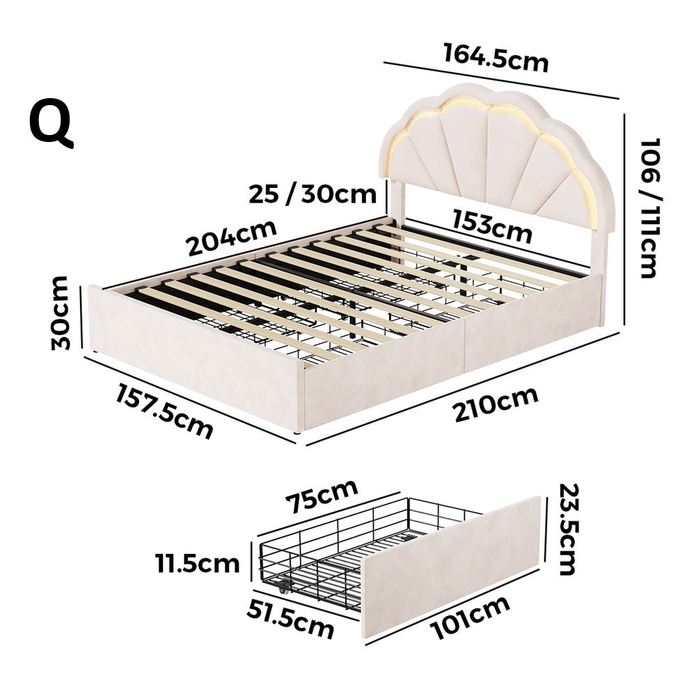 Mermaid Beige Plush Velvet LED Storage Bed | Beautiful Soft Touch LED Headboard 4 Draw Bed Frame