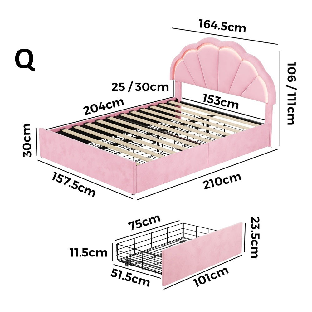 Mermaid Pink Plush Velvet LED Storage Bed | Beautiful Soft Touch LED Headboard 4 Draw Bed Frame