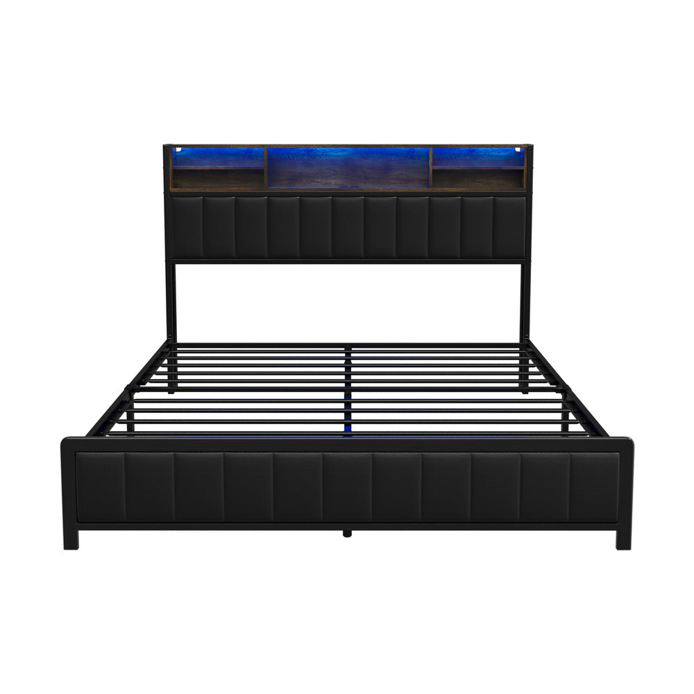 Duomo LED Black PU Leather Storage Bed with USB | Multi Functional Storage LED Lights Bed Frame