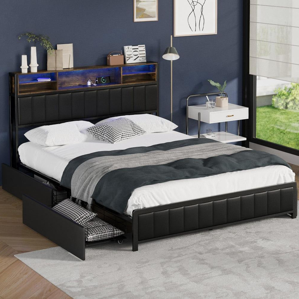 Duomo LED Black PU Leather Storage Bed with USB | Multi Functional Storage LED Lights Bed Frame