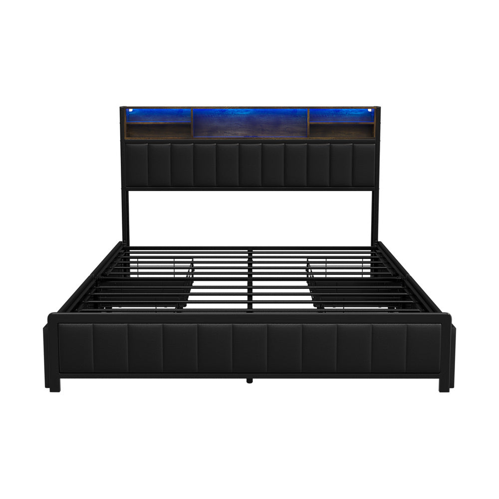 Duomo LED Black PU Leather Storage Bed with USB | Multi Functional Storage LED Lights Bed Frame