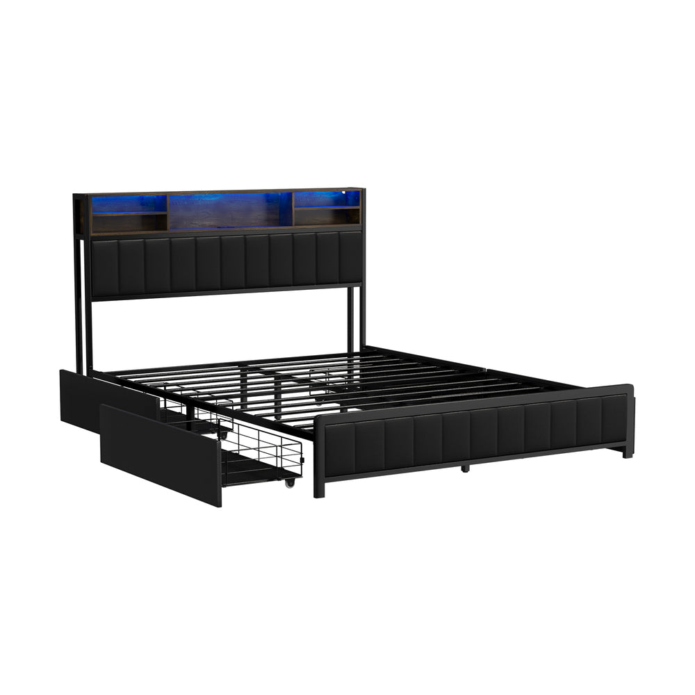 Duomo LED Black PU Leather Storage Bed with USB | Multi Functional Storage LED Lights Bed Frame