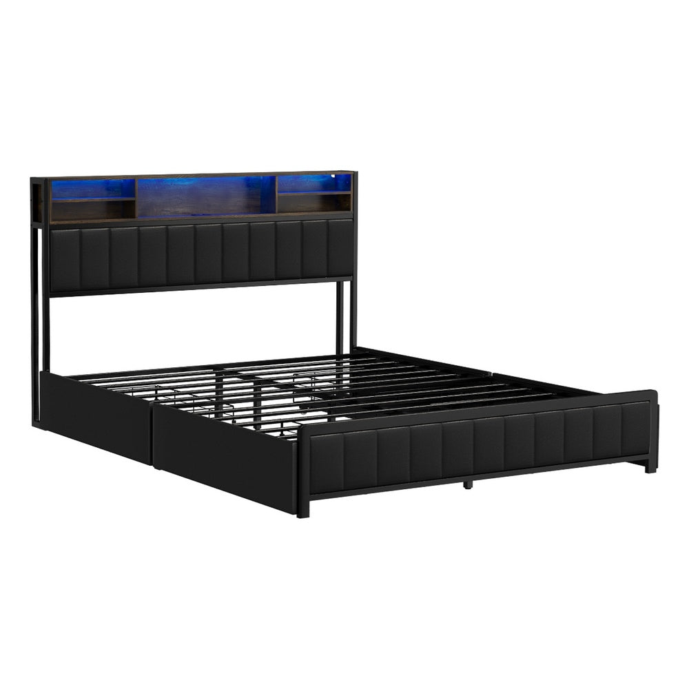 Duomo LED Black PU Leather Storage Bed with USB | Multi Functional Storage LED Lights Bed Frame