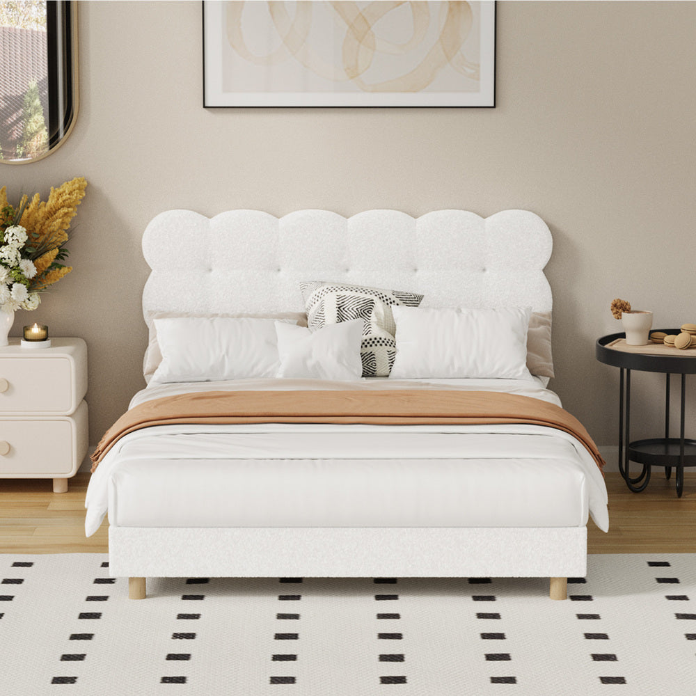 Millie Tuffted Clouds Soft Boucle Fabric White Bed | Cushioned Touch White Upholstered Boucle Bed Frame