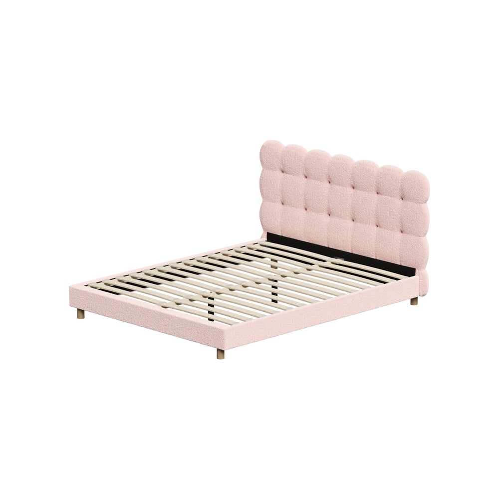 Millie Tuffted Pink Clouds Soft Boucle Fabric Bed | Cushioned Touch Pink Upholstered Boucle Bed Frame