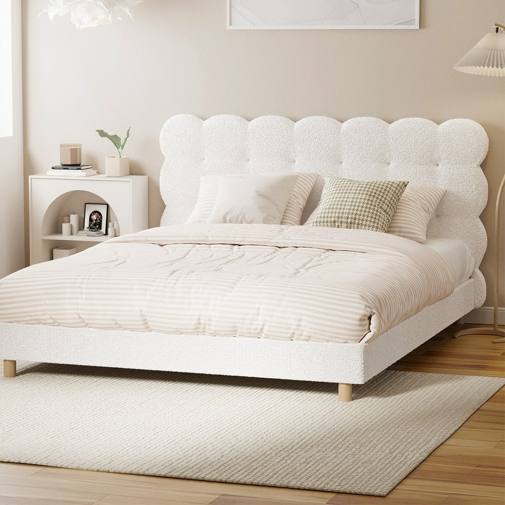 Millie Tuffted Clouds Soft Boucle Fabric White Bed | Cushioned Touch White Upholstered Boucle Bed Frame